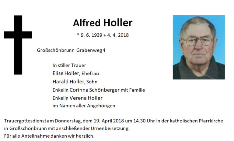 Traueranzeige Alfred Holler, Großschönbrunn