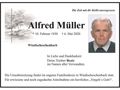 Traueranzeige Alfred Müller, Windischeschenbach