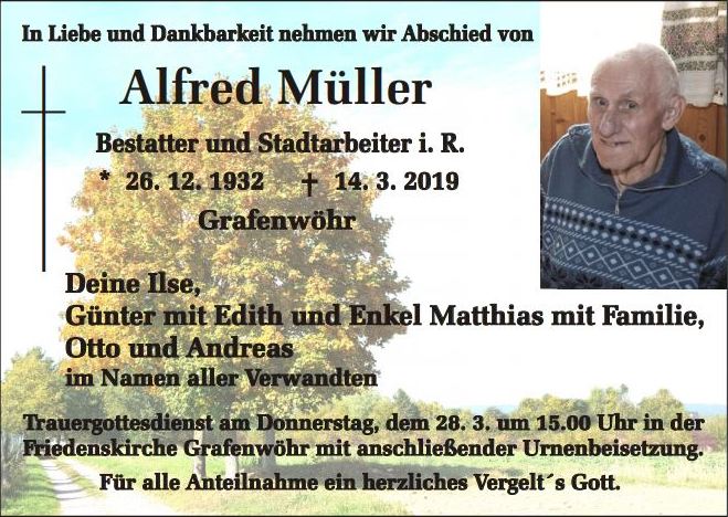 Traueranzeige Alfred Müller, Grafenwöhr