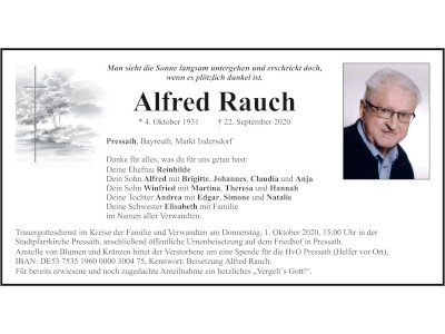 Traueranzeige Alfred Rauch, Pressath