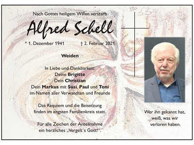 Traueranzeige Alfred Schell, Weiden