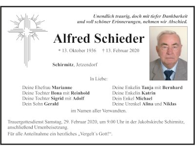 Traueranzeige Alfred Schieder, Schirmitz