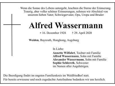 Traueranzeige Alfred Wassermann, Weiden