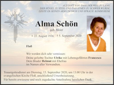 Traueranzeige Alma Schön, Floß