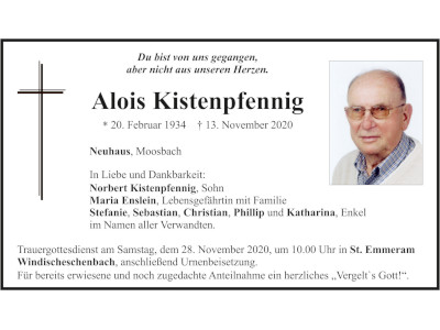 Traueranzeige Alois Kistenpfenning, Neuhaus