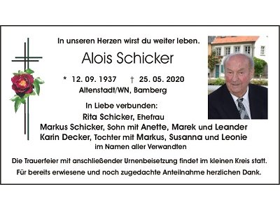 Traueranzeige Alois Schicker, Altenstadt/WN