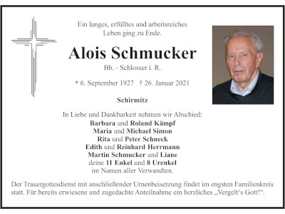 Traueranzeige Alois Schmucker, Schirmitz
