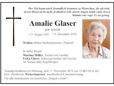 Traueranzeige Amalie Glaser, Weiden