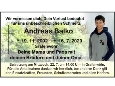 Traueranzeige Andreas Balko, Grafenwöhr
