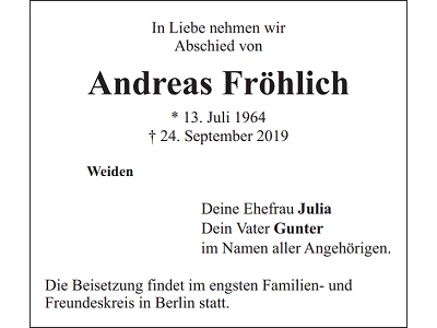 Traueranzeige Andreas Fröhlich, Weiden