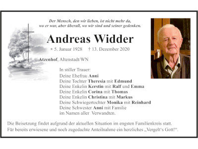 Traueranzeige Andreas Widder, Atzenhof