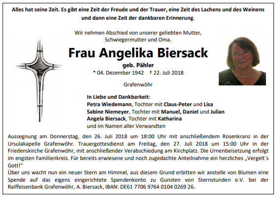 Traueranzeige Angelika Biersack, Grafenwöhr