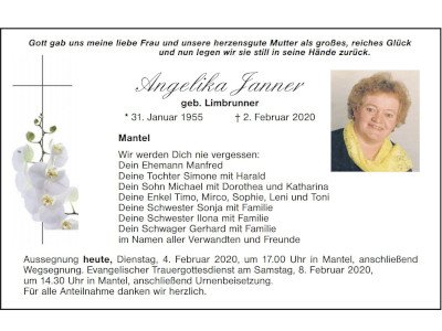 Traueranzeige Angelika Janner, Mantel