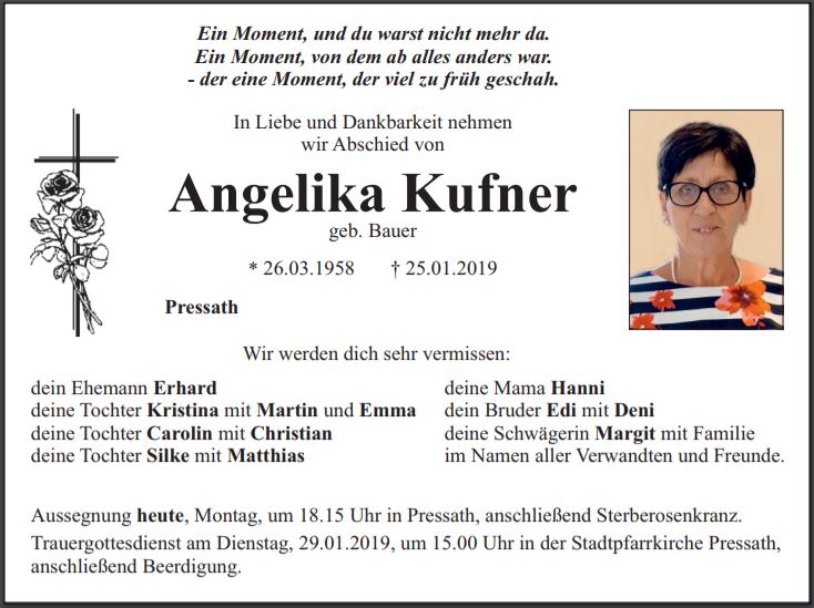 Traueranzeige Angelika Kufner, Pressath