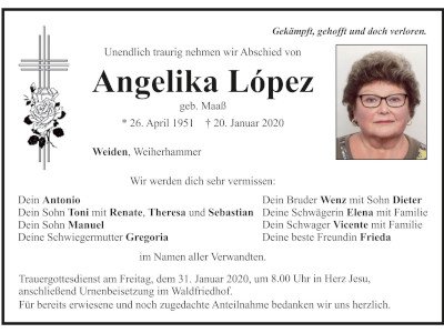 Traueranzeige Angelika Lopez, Weiden