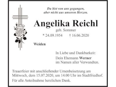 Traueranzeige Angelika Reichl, Weiden