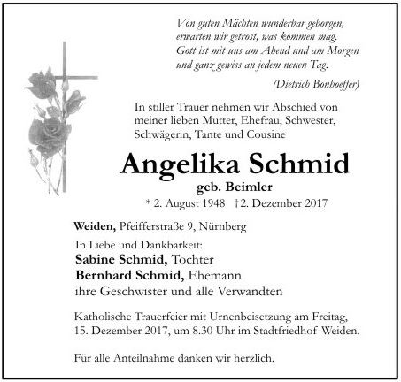 Traueranzeige Angelika Schmid, Weiden