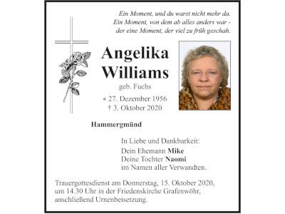 Traueranzeige Angelika Williams, Hammergmünd