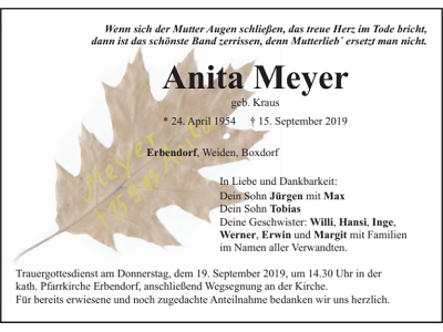 Traueranzeige Anita Meyer, Erbendorf