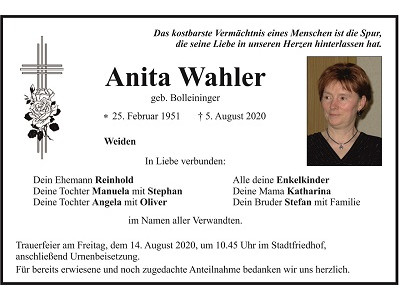Traueranzeige Anita Wahler, Weiden