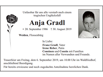 Traueranzeige Anja Gradl, Weiden
