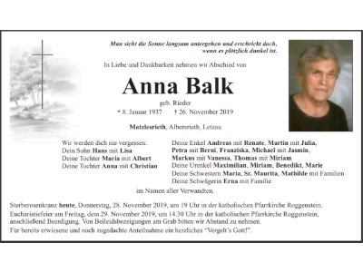 Traueranzeige Anna Balk, Matzlesrieth
