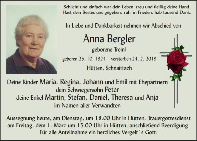Traueranzeige Anna Bergler, Hütten