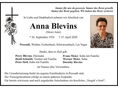 Traueranzeige Anna Blevins, Pressath
