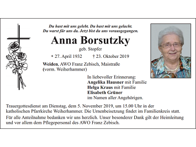 Traueranzeige Anna Borsutzky, Weiden