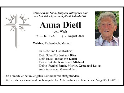 Traueranzeige Anna Dietl, Weiden
