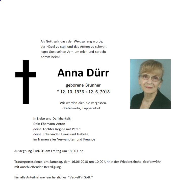 Traueranzeige Anna Dürr, Grafenwöhr