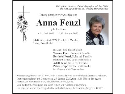 Traueranzeige Anna Fenzl, Floß
