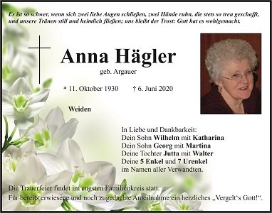 Traueranzeige Anna Hägler, Weiden