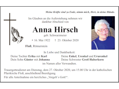 Traueranzeige Anna Hirsch, Floß