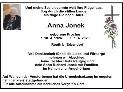 Traueranzeige Anna Jonek, Reuth b. Erbendorf