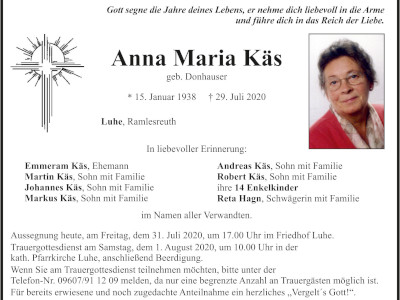 Traueranzeige Anna Maria Käs, Luhe