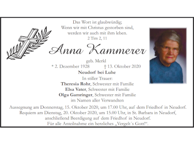 Traueranzeige Anna Kammerer, Neudorf bei Luhe