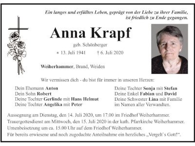 Traueranzeige Anna Krapf, Weiherhammer