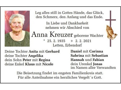 Traueranzeige Anna Kreuzer, Letten