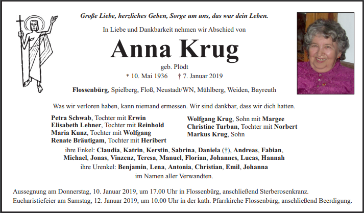 Traueranzeige Anna Krug, Flossenbürg