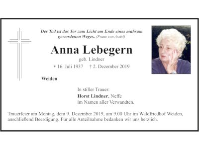 Traueranzeige Anna Lebegern, Weiden