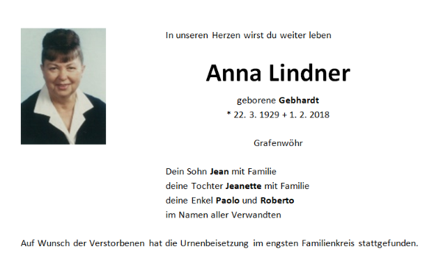 Traueranzeige Anna Lindner, Grafenwöhr
