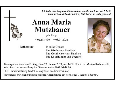 Traueranzeige Anna Maria Mutzbauer, Rothenstadt