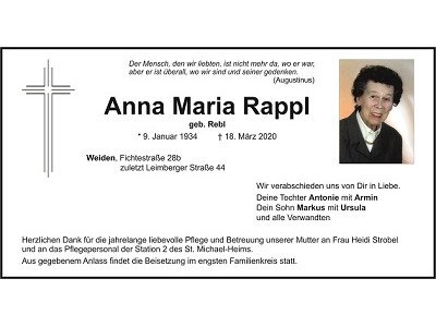 Traueranzeige Anna Maria Rappl, Weiden