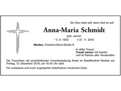 Traueranzeige Anna-Maria Schmidt, Weiden