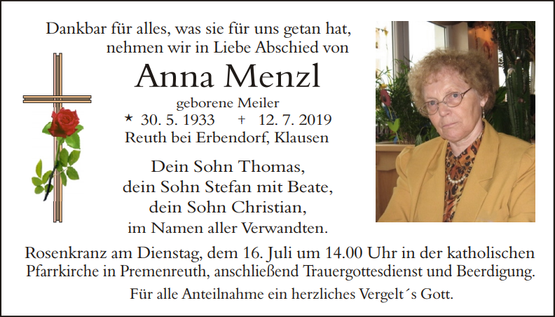 Traueranzeige Anna Menzl, Reuth bei Erbendorf