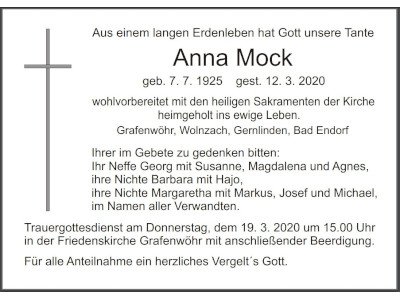 Traueranzeige Anna Mock, Grafenwöhr