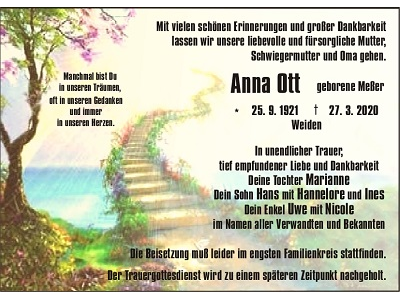 Traueranzeige Anna Ott, Weiden