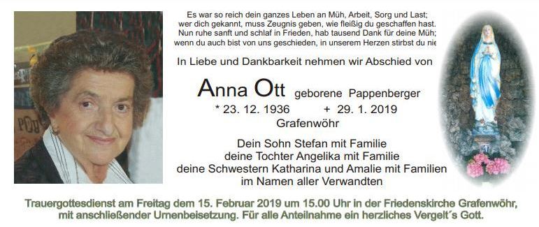 Traueranzeige Anna Ott, Grafenwöhr