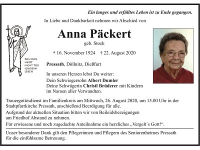 Traueranzeige Anna Päckert, Pressath